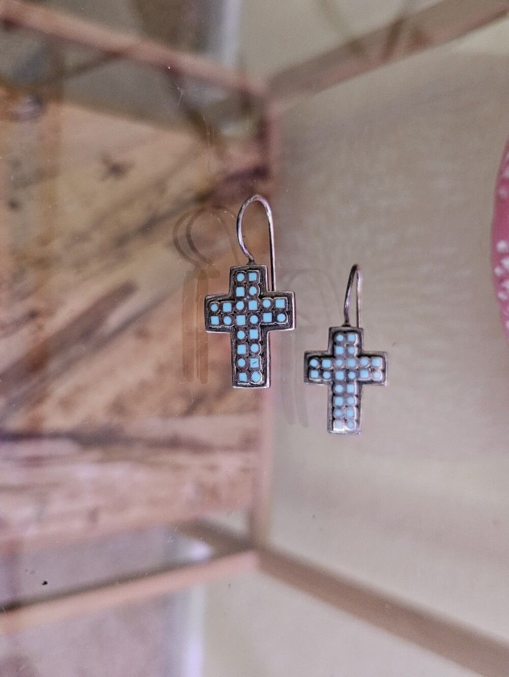 Sterling Silver Cross Drop Earrings with Turquoise Inlay
